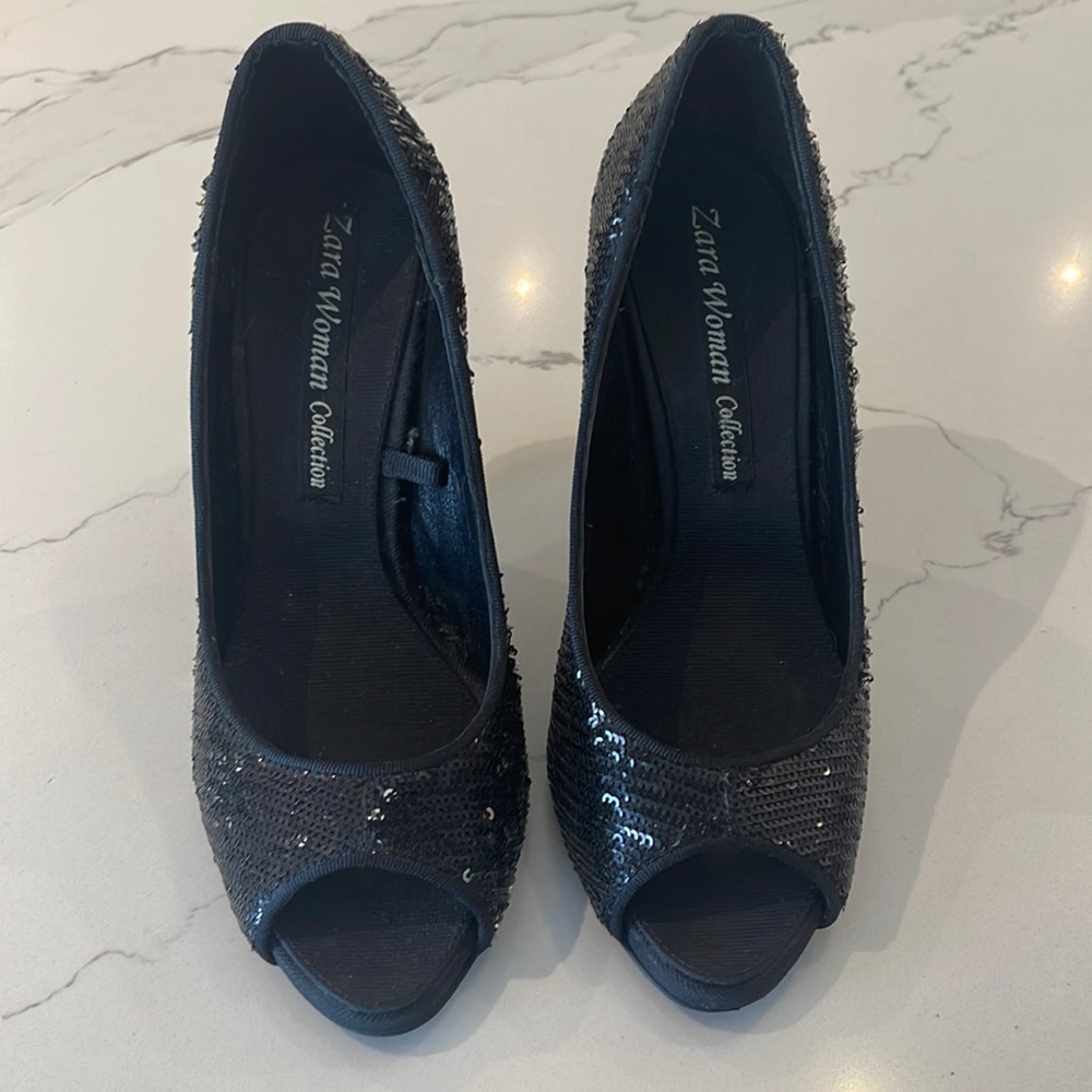 Zara women size 36 black and silver sequin heels open toe shoes fashion fancy